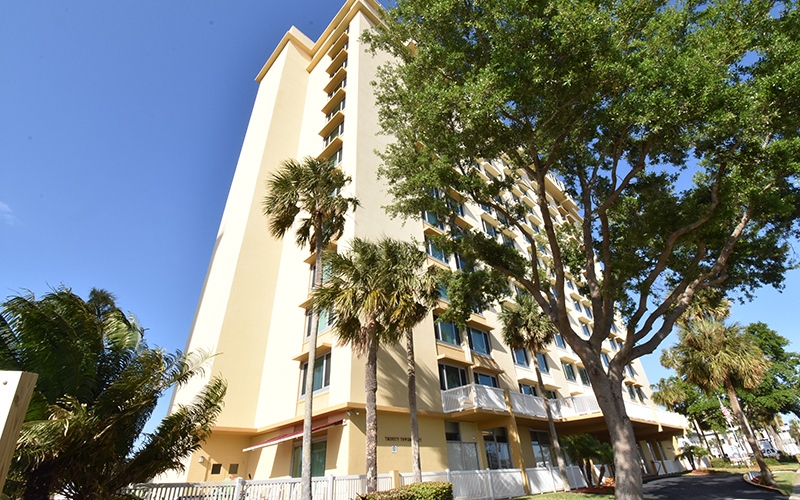 Trinity Towers East building and trees